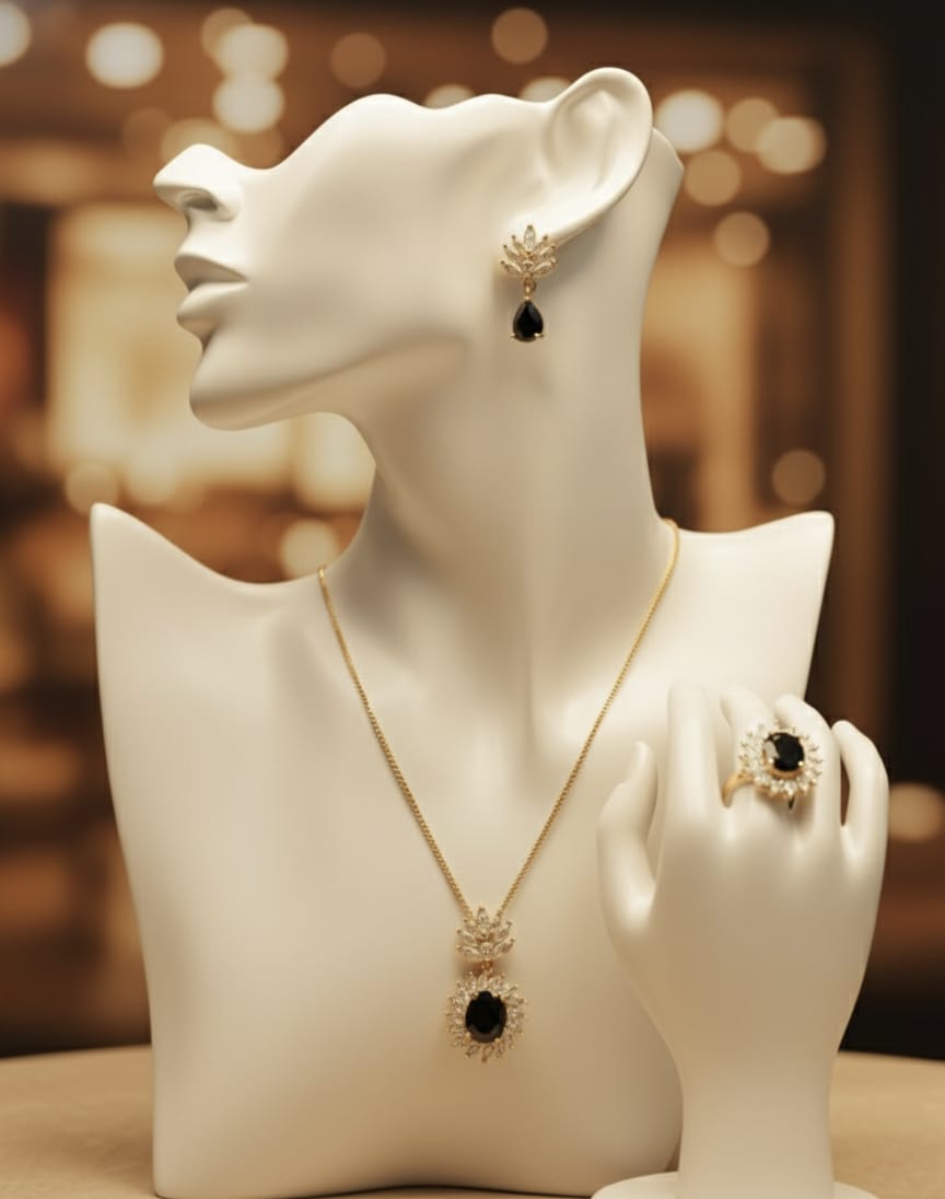 Black Stone Crystal Gold Plated Jewelry Set