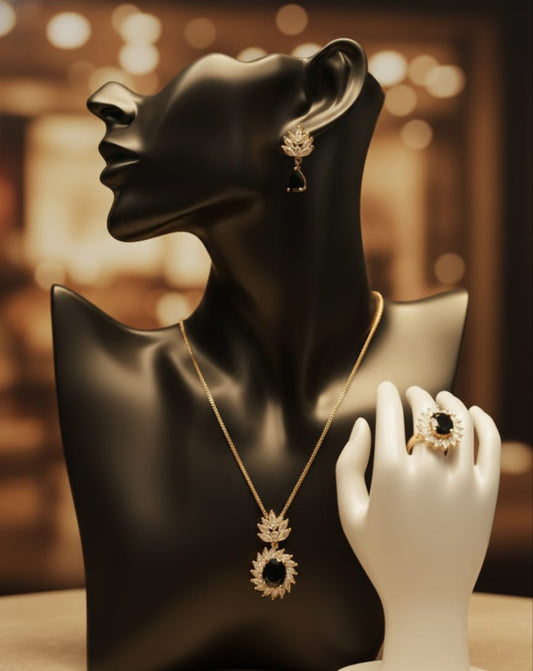 Black Stone Crystal Gold Plated Jewelry Set