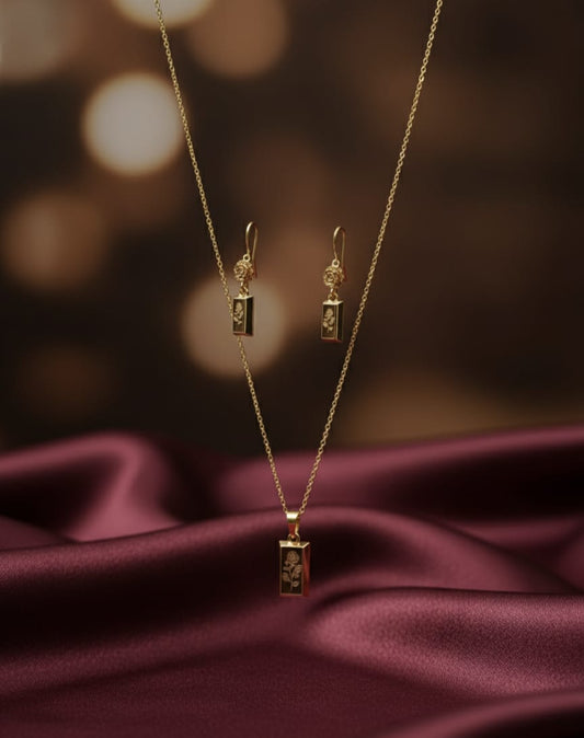 Golden Rose Art Pendant & Earrings Set