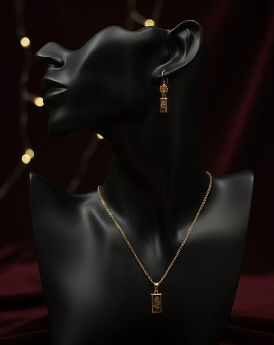 Golden Rose Art Pendant & Earrings Set