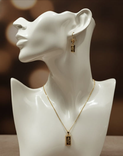 Golden Rose Art Pendant & Earrings Set