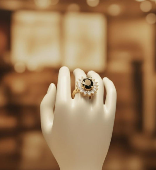 Oval Black Stone Sunburst Ring