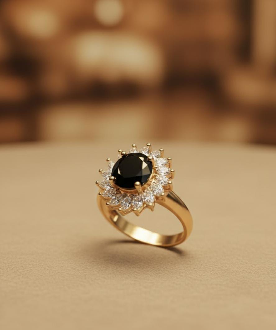 Oval Black Stone Sunburst Ring